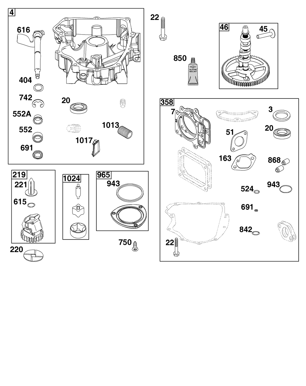 Crankcase Cover/Sump Group Diagram and Parts List for 44U877-0016-B5 400000 - 699999 Briggs and Stratton Engine